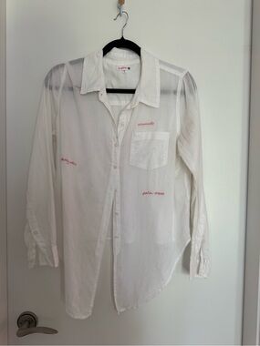 Sundry White Button-Down Shirt with Red Script Embroidery